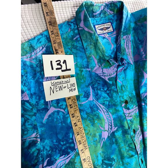 Vintage Straight Down Shirt Mens XL Green Blue Tie Dye Abstract Sword Fish - Picture 4 of 9